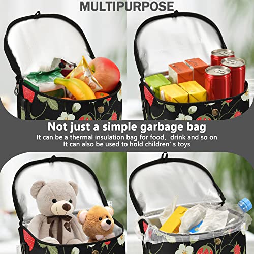 Image of Strawberry Fruit Flowers Leaves Car Trash Can Car Garbage Bag with Lid Hanging Waterproof Leak Proof Vehicle Storage Bin