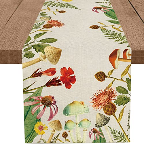 WHOMEAF Modern Mushroom Table Runner June Decor Burlap Green Leaves Wild Flowers Floral Table Runners Summer Seasonal Kitchen Dining Table Center Decor for Home Party Holiday Indoor Outdoor(13x72 in)