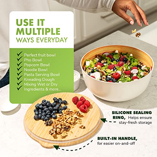 Bamboo Fiber Salad Bowl With Servers - 9.8 Inches Large Mixing Bowl With Lid & 2 Serving Utensils Has A 100% Bamboo Lid With Handle, Silicone Seal For Stay-Fresh Storage & Insets For Spoon & Spork #TOP3