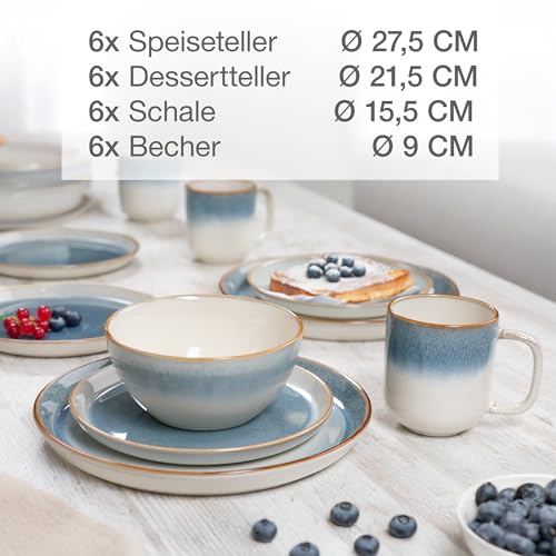 Moritz & Moritz TARENTO 24-tlg. Geschirrset 6 Personen Blau - Elegantes Teller Set aus hochwertigem Steinzeug - Geschirr Set aus 6x Dinnerteller, 6x Dessertteller, 6x Suppenteller und 6x Tassen