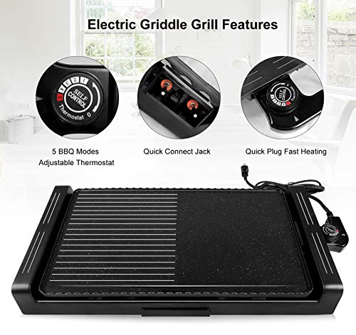 Electric Griddle Grill Indoor - Nonstick Korean BBQ Flat Grills Extra Large, Family-sized Pancake Griddles, Less Smoke, 5 Thermostat Modes, with Receipts, Black