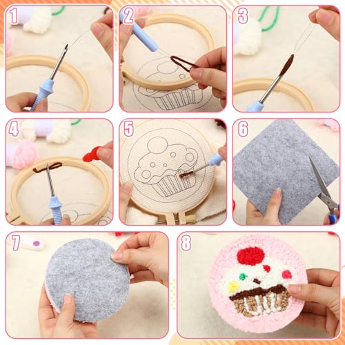 Image of Honeydak 8 Pcs Punch Needle Coaster Kit Coquette Bow Easy DIY Embroidery Set for Beginners Adults with Cute Sugar Bloom Patterns Tools Yarns Hoop Instructions Yarn Rug Tufting Coaster Art Crafts