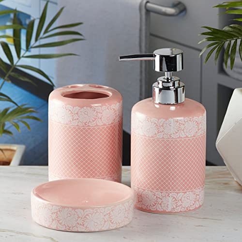 Image of SaSaSa Ceramic Bathroom Set of 3 Modern Bath Accessories Kit with Soap Dispenser, Toothbrush Holder & Dish - Stylish & Elegant Bathroom Decor, Pink (5763)
