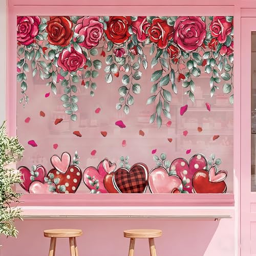 JOICEE 8 Sheets Valentines Day Window Clings Rose Flower Hanging Vine Heart Window Stickers Red Black Buffalo Plaid Pink Heart Reusable Cling Decals for Window Glass Decoration Home Office Decor