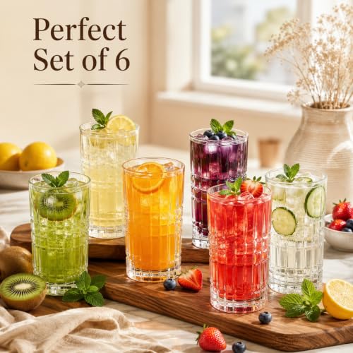 Image of bellemax 350 ML Long Ribbed Drinking Glass | Premium Transparent Water Juice Glasses | Elegant Tall Tumbler Glasses for Water, Juice, Cold Drinks, Mocktails & Cocktails(Set of 6)