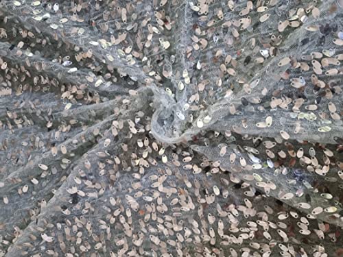 Tissu filet gris bleuâtre Lycra sequins argentés FF367 maille extensible au mètre
