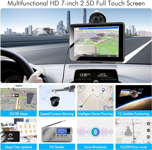 Image of 2025 GPS Navigator for Car Truck RV, North America /EU Dual Map 16G 7 in Touch Screen Car GPS, Support Voice Turn Direction Guidance /Speed and Red Light Warning /Custom Truck Routing (Black)