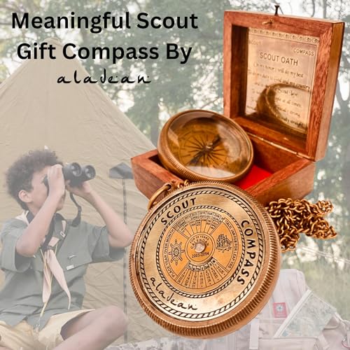 Brújula Scout Compás de Bronce Grabado con Juramento Scout en Caja de Madera, Compás de Camping y Senderismo con Calendario de 50 Años miniatura 4