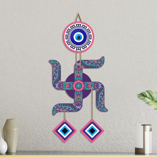 Image of Artvibes Swastik Evil Eye Wall Hanging for Home Entrance Door Decor | Sacred Hindu Swastik Symbol with Nazar Battu Protection for Positive Energy | Good Luck | Vastu & Spiritual Wall Art (WH 85108N)