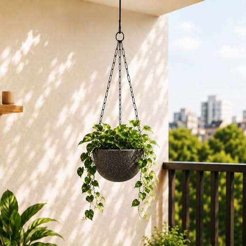Image of Go Hooked Henri Hanging Planter Pot for Indoor & Outdoor Plants Pack of 10 | 7 Inch Plastic Hanging Pots with Metal Chain | Decorative Round Hanging Planter for Balcony, Garden & Home Decor (Grey)