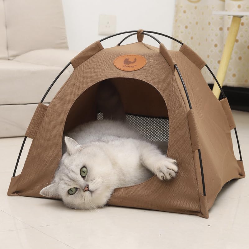 Pet Tent House with Soft Bed Pad for Indoor Outdoor Use, Foldable, Detachable, Portable, Beige/Grey/Coffee, Polyester, 48x48x38cm (Coffee)