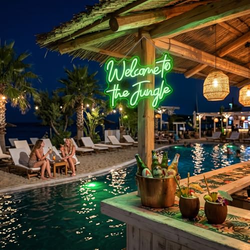 Image of ineonlife Welcome to the Jungle Neon Sign Green Letter LED Neon Lights for Bedroom Wall Love Oh Baby for Room Decor Bar Party Wedding Engagement Wall Hanging Decor USB Powered Green USB Powerd 15.3x12.6in