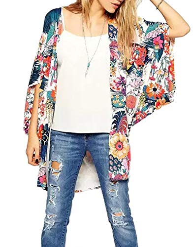 Women Relaxed Printed Chiffon Cardigan Blouse Floral Beach Shawl Kimono Jacket Tops Size L - Thumbnail 2