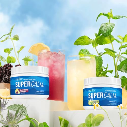 Image of Nello Supercalm Powdered Drink Mix Tub, Cortisol Reducer* and Sleep Aid Supplement, L Theanine, Ksm-66 Ashwagandha, Magnesium Glycinate, Vitamin D 3, No Sugar, Non GMO, 30 Ct, BlackBerry Lemonade