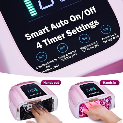 Image of PURTATO Professional Rechargeable 96W UV LED Portable Cordless UV Light for Nail Lamp Machine with Removable Stainless Steel Bottom,4 Timer Setting and Smart Sensor Nail Dryer (Plating Pink)