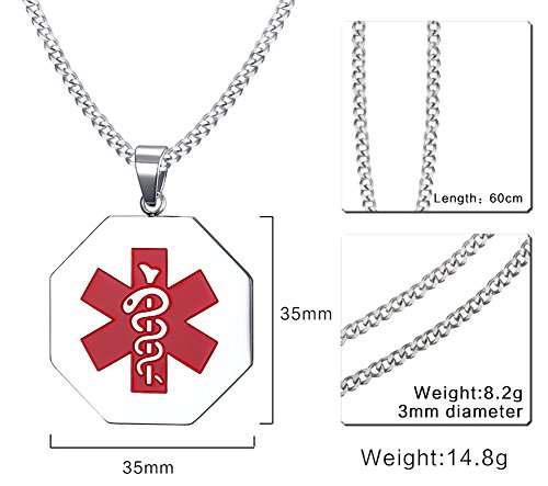 Mealguet Jewelry Free Engraving- Stainless Steel Octagon Medical Alert ID Tag Pendant Necklace with 24\" Chain