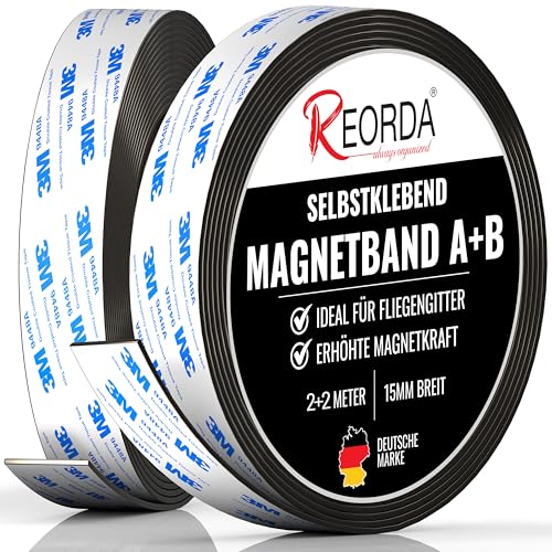 REORDA Magnetband A B (EXTRA STARKER 3M KLEBER) 2 Meter I Selbstklebender Magnetstreifen für Fliegengitter & Moskitonetze für beste gegenseitige Anziehung - Magnetband selbstklebend