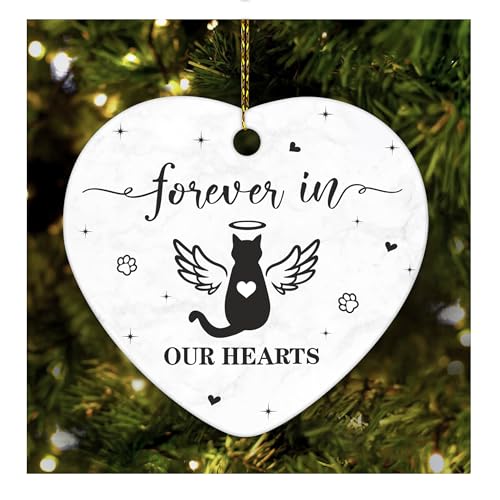 Hyturtle Cat Memorial Heart Ornament - Ceramic Pet Loss Keepsake with Angel Wings - Forever in Our Hearts Remembrance Christmas Ornament for Cat Lovers - 3 Inch Ceramic Hanging Gift Memorial 7