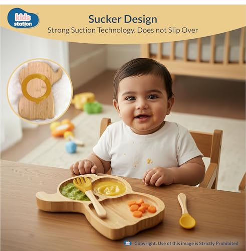 Image of Kids Station Elephant Wooden Feeding Plate with Spoon and Fork for Babies - Yellow | Eco-Friendly Self-Feeding Baby Tableware Set (3 pcs)