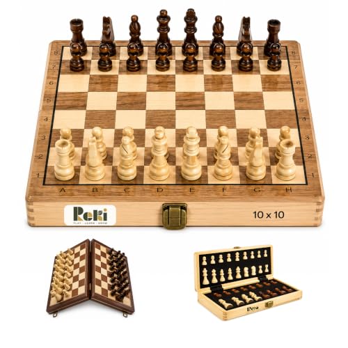 Image of Classic - 10x10 Inch Wooden Chess Board with Chessmen | Magnetic Folding Chess Set with Storage | Travel Friendly Board Game for Kids & Adults