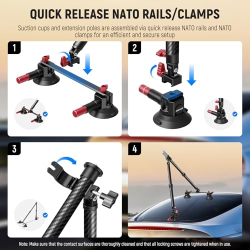 Image of NEEWER Triple Suction Cup Car Mount Kit, Carbon Fiber Camera Mount with Action Camera Adapter, NATO Rail & 24 inch /60cm Extension Pole Compatible with GoPro Insta360, 2.2lb /1kg Max Load, CA136