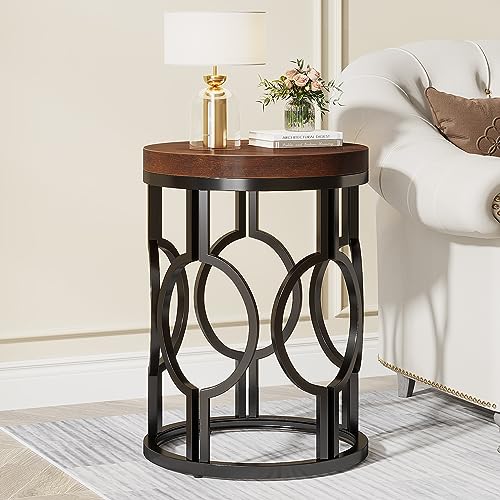 Tribesigns Round End Table, Industrial SideTable with Metal Hollow Frame,