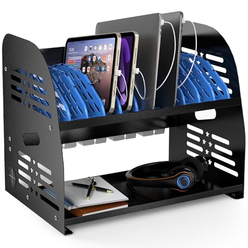 Image of 10-Device Charging Station with Power Strip - Open Charging Cabinet for Chromebooks, Laptops & Tablets up to 14 inch - Classroom Organization for iPads, Tablets & More, Ideal for Schools & Offices