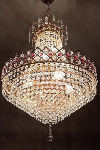 Image of ONFLOW AETERNA LUX Empire Crystal Chandelier with Ruby Red Accents - 32 inch Diameter x 45 inch Height - Elegant Gold Finish Hanging Ceiling Light for Living Room, Dining Hall, and Hotel Lobby (RED Eye)