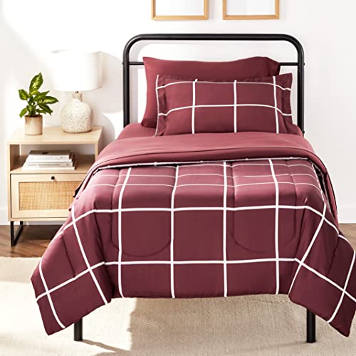 Amazon Basics Twin XL Comforter Set with Sheets, 5-Piece Burgundy Simple Plaid Bedding, Lightweight Microfiber Bed-in-a-Bag