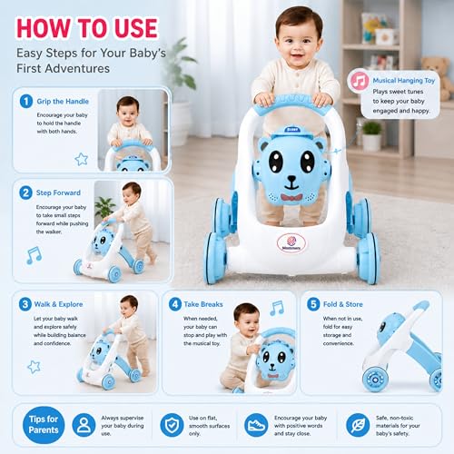 Image of Mommers Baby Walker Musical Push Support Toddler Blue Wheels & Handle, Cute Design Activity Walker, Balanced Wheels, Indoor Play