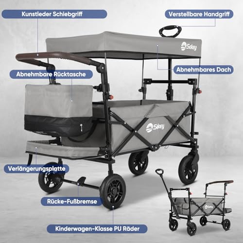 Sekey Bollerwagen Faltbar mit Dach 2 Kinder 150KG, Faltbarer Bollerwagen Handwagen Schiebegriff, Kinderwagen Stoßfest PU Räder mit Bremsen 110L, SS5050, Grau – Bild 3