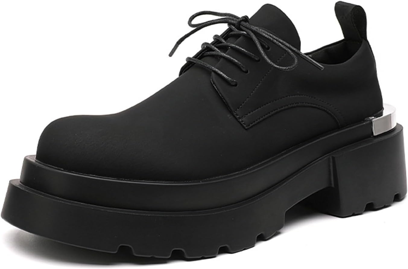 Mans Leather Platform Lug Sole Formal Oxfords Fashion Back Metal Decor Classic Wide Round Toe Thick Sole Lace Up Derby Shoes for Business Work Office Daily