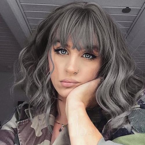 image for VCKOVCKO 12Inches Loose Wave Bob Wig Wavy Grey Bob Wig with Air Bang C