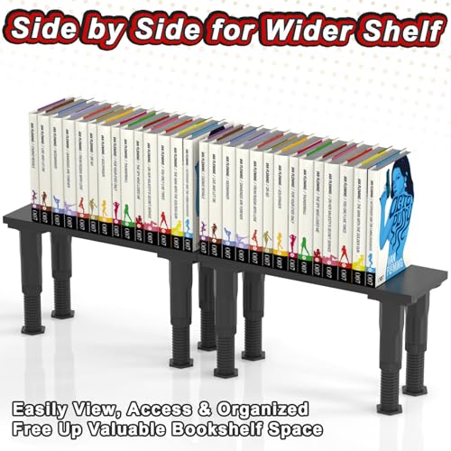 Manga Shelf Risers, 2 Pack Book Riser for Bookshelves, Black Wooden Height Adjustable Comic Books Shelves for Double Rows Display Stand for Books, Collectibles, Anime Figurines, Blind Boxes, CDs