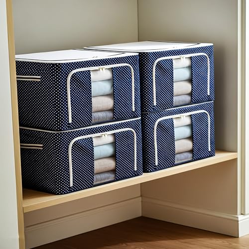 Image of CLAPONE Foldable Steel Frame Cloth Organizer Storage Box and Organiser /Wardrobe Organizer for Storage /almirah for Sarees /Shirts /Blankets /Clothes Storage Box (Blue, 24 Ltr Pack Of 4)