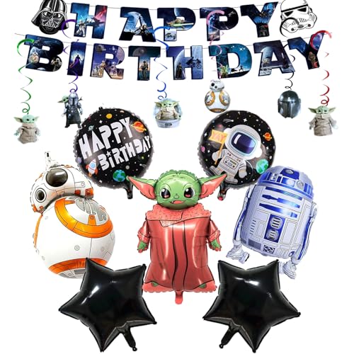 Lot de 14 ballons de décoration d'anniversaire pour enfants - Contient un pentagramme, un robot, un vaisseau spatial, un personnage de dessin animé, un ballon rond en aluminium et une bannière