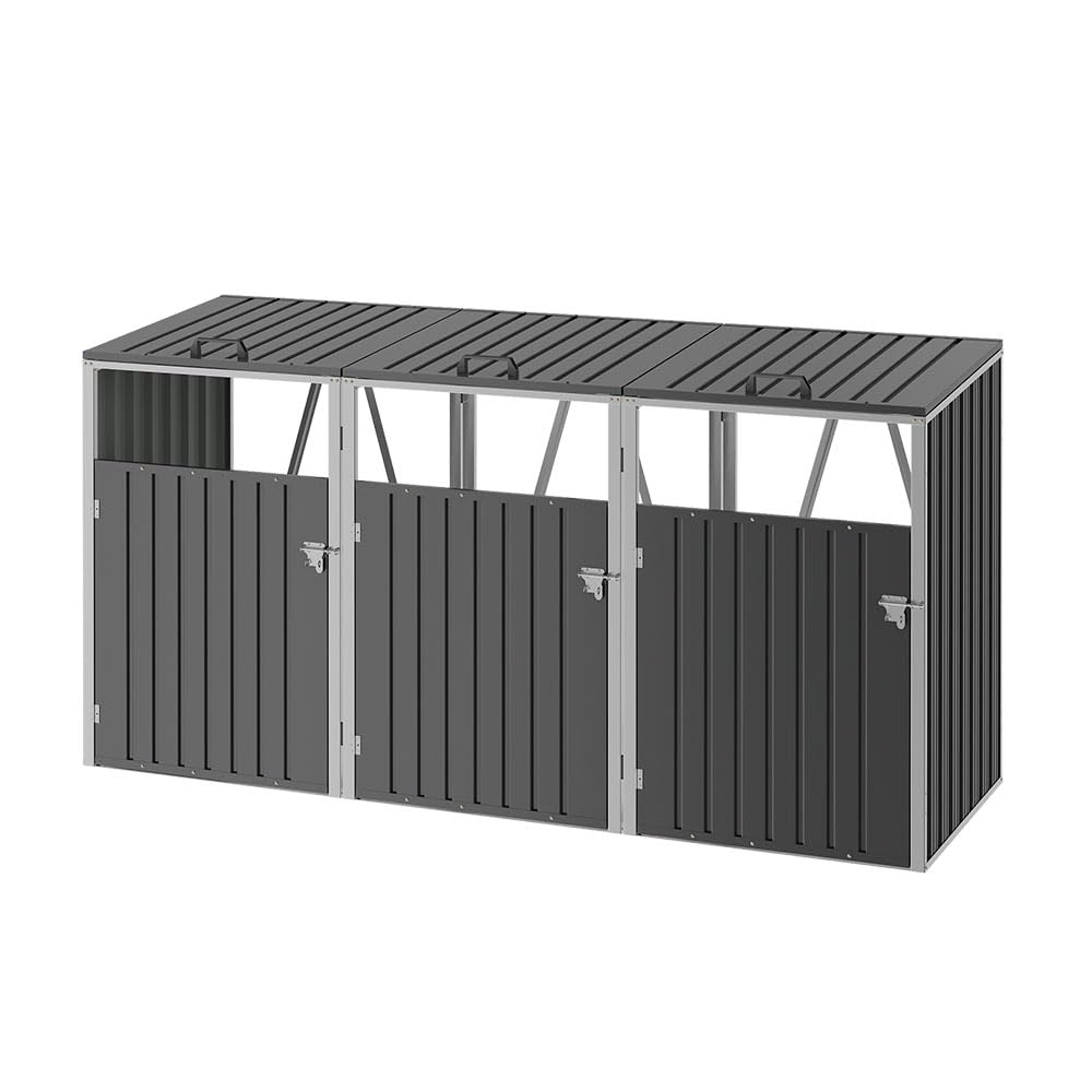 The Fellie Triple Wheelie Bin Storage 3x240L Bin Storage for Wheelie Bins Galvanized Steel Outdoor Garden Trash Can with Locking Door Wheelied Bins Hideaways with Lids, Black