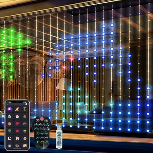 Domigard 256 LED Intelligent Light Curtain RGB 4040 Adjustable,1.6Mx1.6M Curtain Fairy Lights Remote Control and APP Control,IP65 Waterproof,for Bedroom Outdoor Party Bar Terrace[Energy Class A]