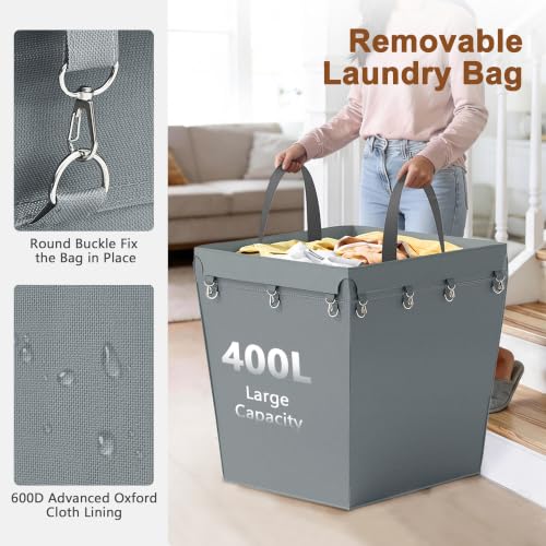Hoctieon Large Laundry Cart with Wheels, 400L Heavy Duty Laundry Basket Organizer, Rolling Hamper Sorter for Clothes Storage, Industrial Dirty Clothes Hamper for Home & Hotel, Gray by Hoctieon - Used condition - Image 4