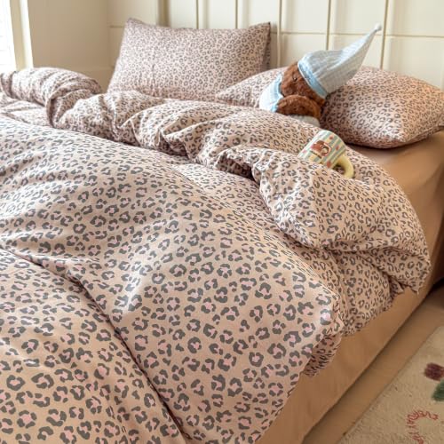 Image of VM VOUGEMARKET Leopard Duvet Cover Set Queen,Nude Beige Pink,Muslin Cotton