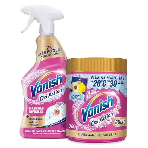 Vanish Oxi Action Gold quitamanchas multibeneficios Pack 960gr Ropa Color + Spray Quitamanchas Ropa día a día para ropa en spray sin lejía 4 en 1 750ml