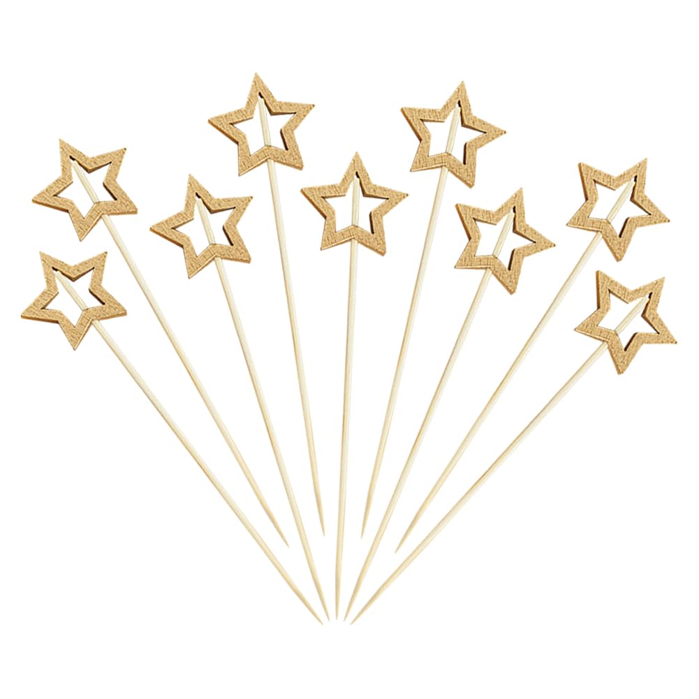 Hugede Golden 100 Pcs 12Cm Star Wood Cocktail Picks Long Decorative Toothpicks Skewers Cute Appetizers Picks Cocktail Skewers Sticks Food Fruit Picks Charcuterie Skewers