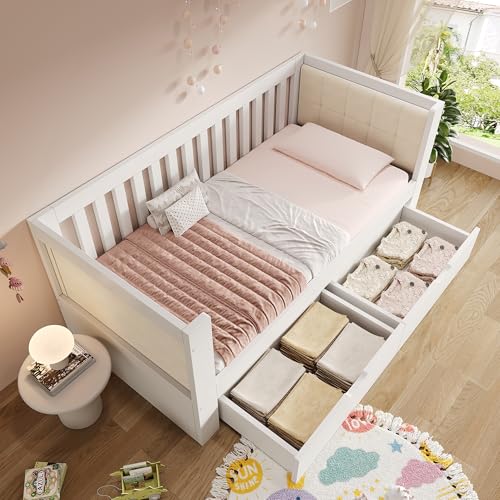 Sofá cama de 90 x 200 cm, color blanco, con 2 cajones, madera, sofá cama con reposabrazos redondeados, respaldo cómodo, perfecto para apartamentos pequeños o apartamentos de una habitación, fácil