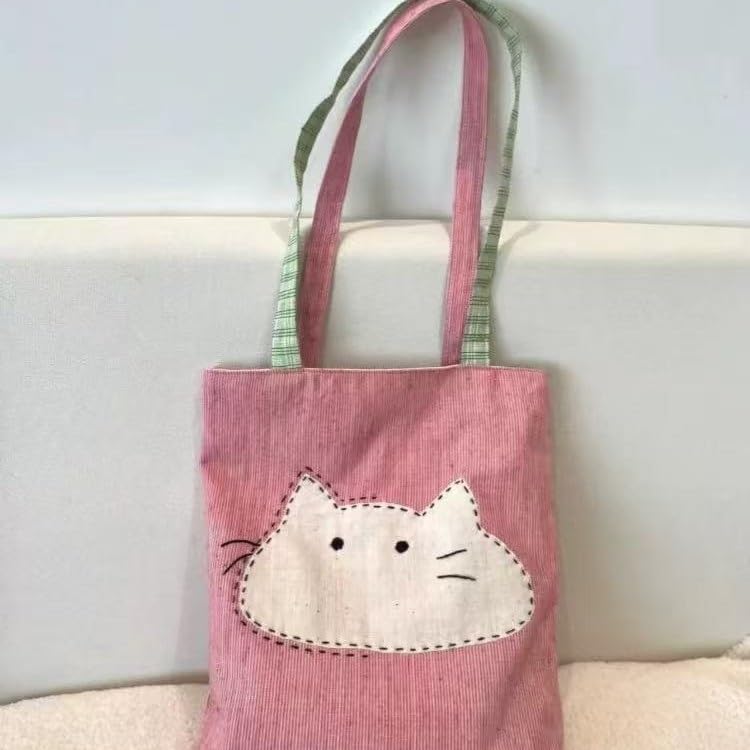 Cute Cartoon Cat Pink Canvas Shoulder Bag for Women - Versatile Single Shoulder Tote2
