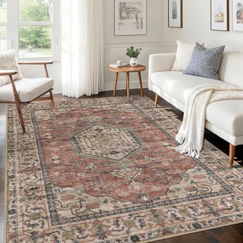 KUTA Vintage Area Rug 5x7 Terracotta, Washable Rugs for Living