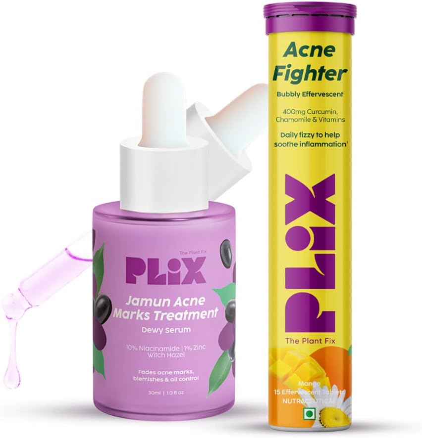PLIX - THE PLANT FIX Acne Fighter 15 Effervescent Tablets and Jamun Face Serum Combo for Acne Reduction, 1% Zinc & Witch Hazel for Unisex, 500mg Curcumin, Chamomile