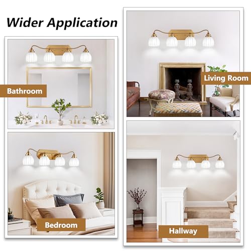 Image of Vintage Bathroom Light Fixtures, Gold Bathroom Vanity Light, Matte Antique Brass Finish with Crystal Glass Shade, Wall Sconces Lighting for Bedroom, Living Room, Hallway (Milk White, 4-Light)