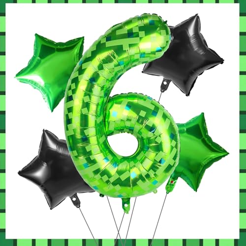 Píxeles Globos Numeros Cumpleaños Colocar, 5uds 102cm Verdes Globos de Aluminio Decoración de Cumpleaños Píxeles con Temática Minera para Niños y Niñas (Número 6)