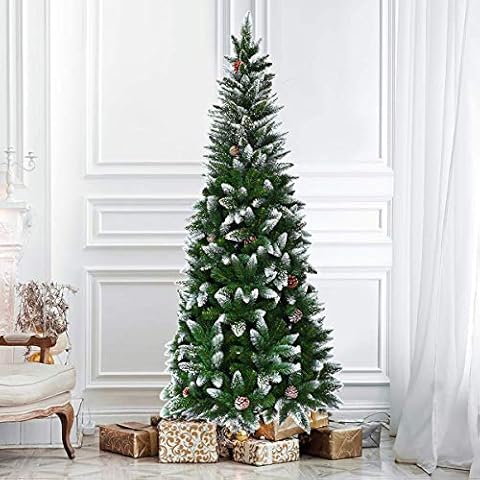 SPSUPE Artificial Pencil Christmas, Snow Flocked Tree with Metal Stand, Pine Cones Decoration, Ideal for Festival Indoor Outdoor Décor (7 ft), Green, Christmas Tree Cover