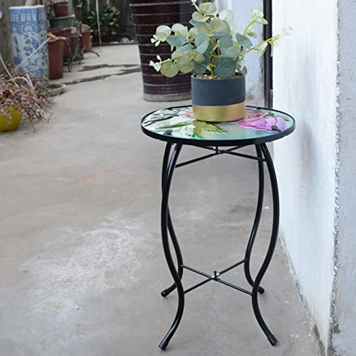 Newvees Hummingbird Patio Side Table, Small Patio Outdoor Side Table, Plant Table,Metal Glass End Table For Porch Garden Yard Pool. #TOP4